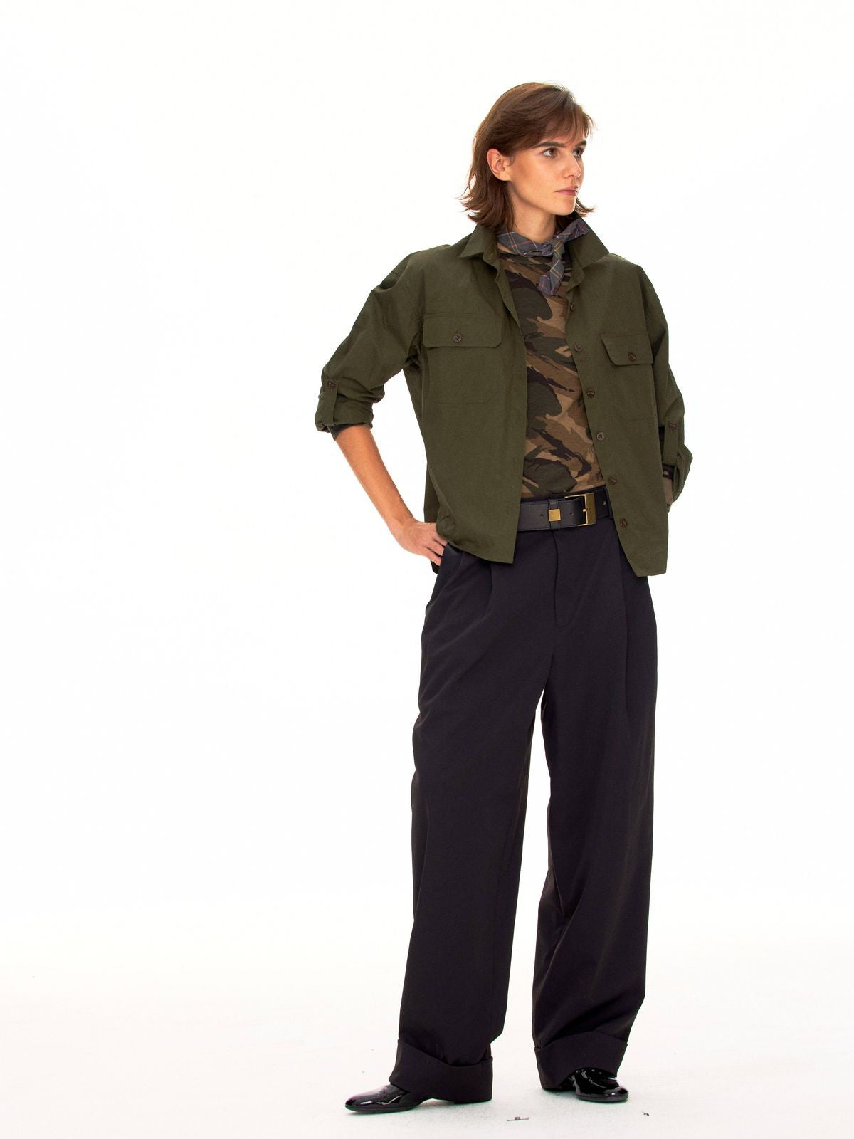 FaxCopyExpress Cotton Safari Button Down in Olive - On Model