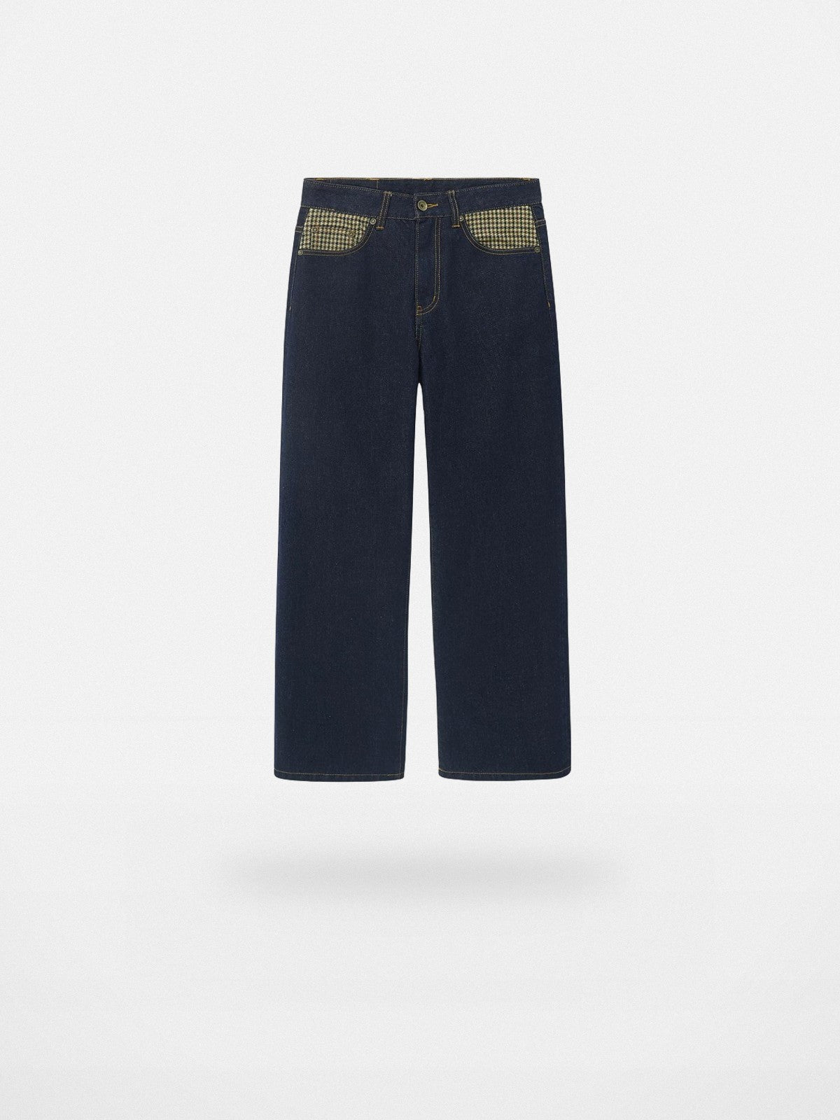 NANS 12oz Plaid Patchwork Straight Jeans in Denim