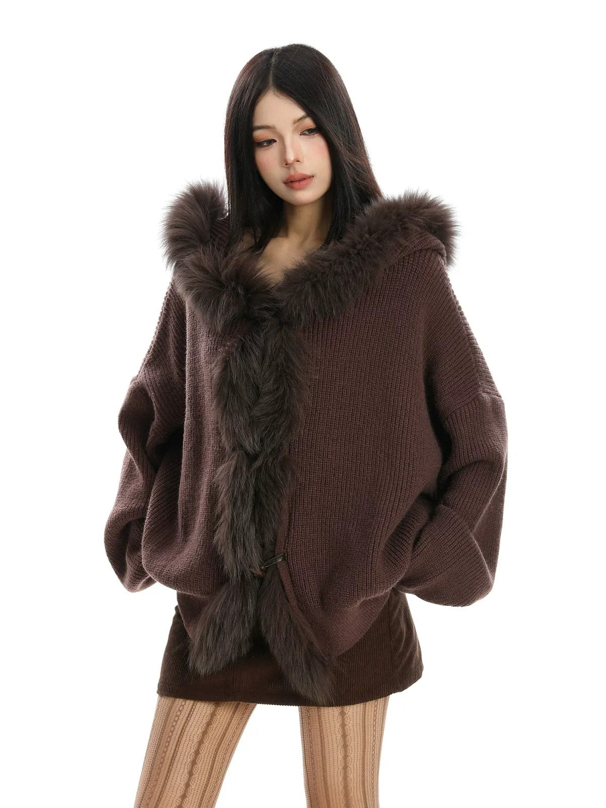 BIGGOLD STUDIO Fox Fur Trim Hooded Cardigan in Brown - On Model