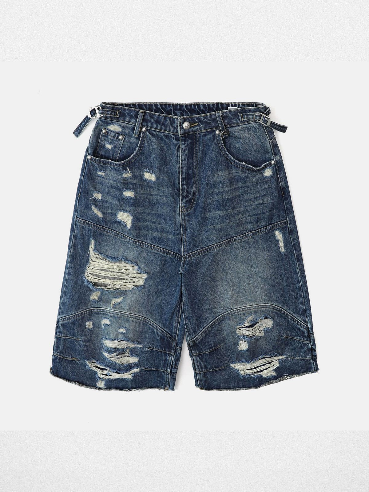 BADSEED Distressed Denim Bermuda Shorts in Medium Blue