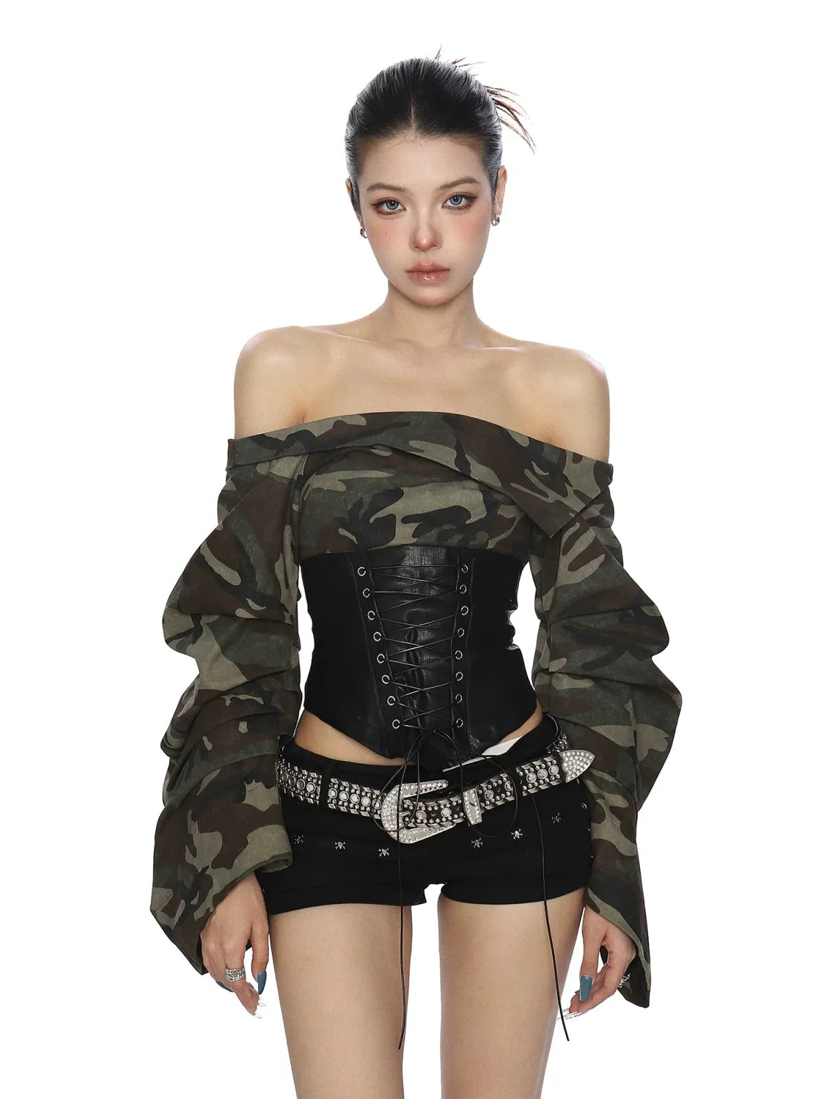 BIGGOLD STUDIO Camo Off Shoulder Corset Top in Olive - On Model