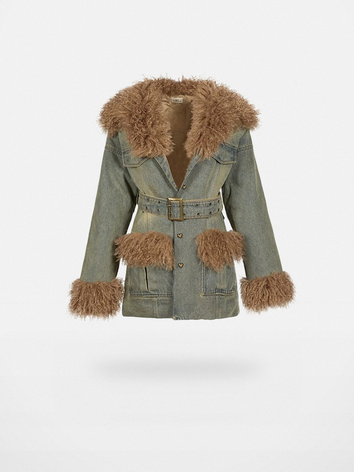 Amee Belted Distressed Denim Faux Fur Coat in Green