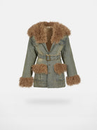Amee Belted Distressed Denim Faux Fur Coat in Green
