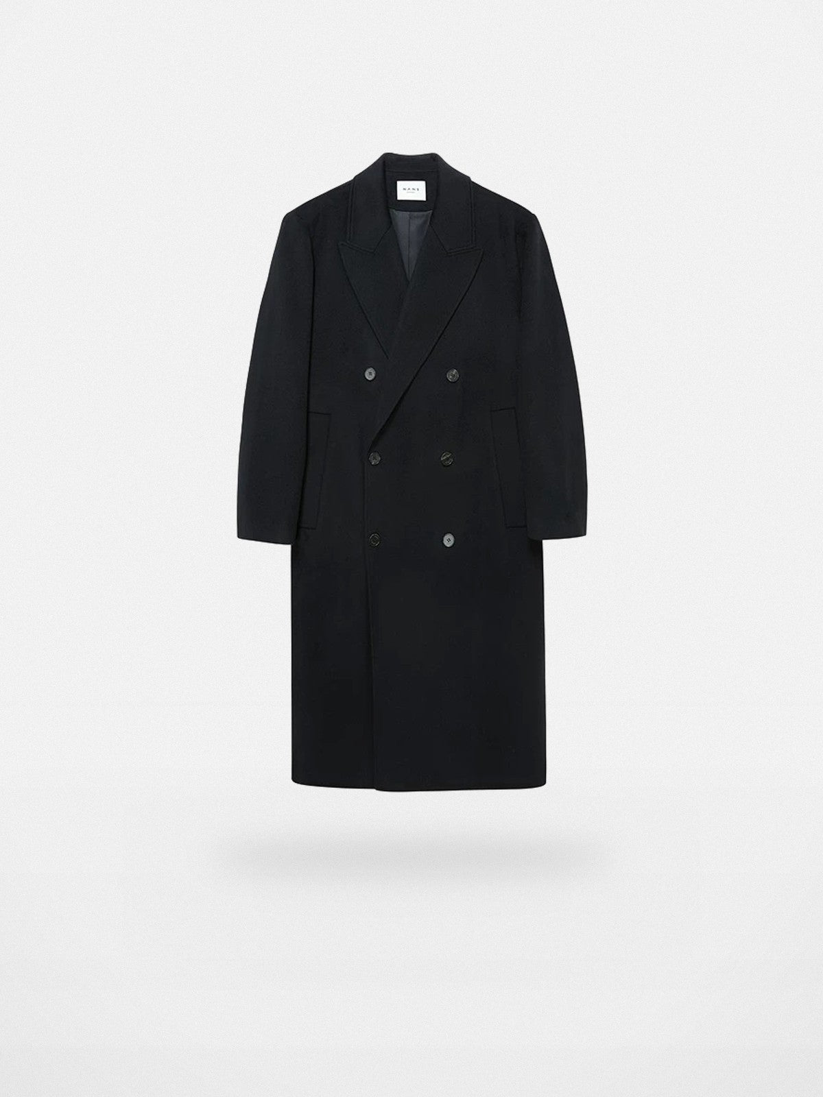 NANS Double Breasted Peak Lapel Wool Coat in Black