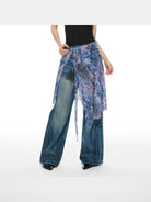 THELIGHT OFFICIAL Distressed Fringe Apron Skirt in Denim - On Model
