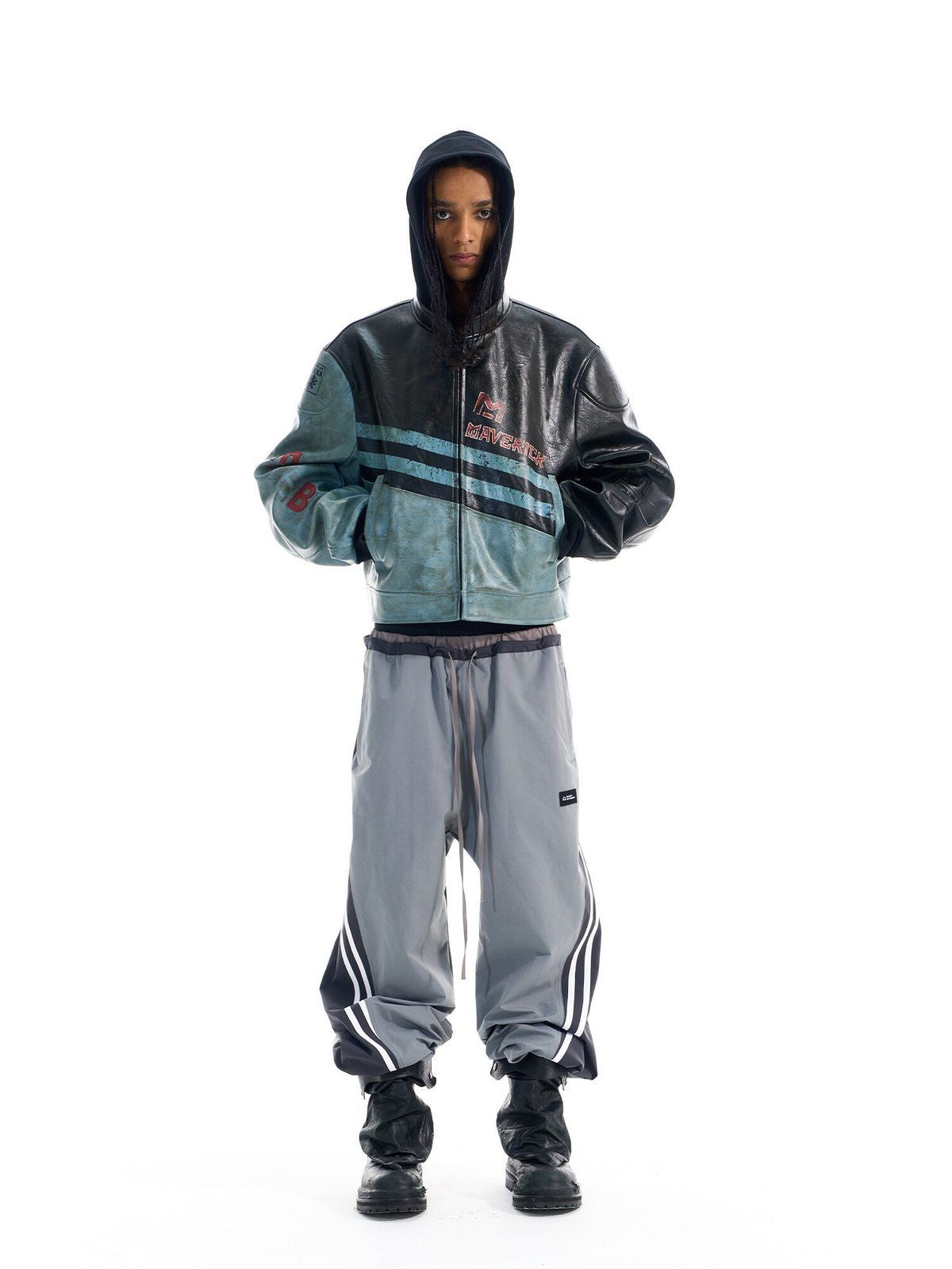 BLINDNOPLAN Distressed Faux Leather Biker Jacket in Black - On Model