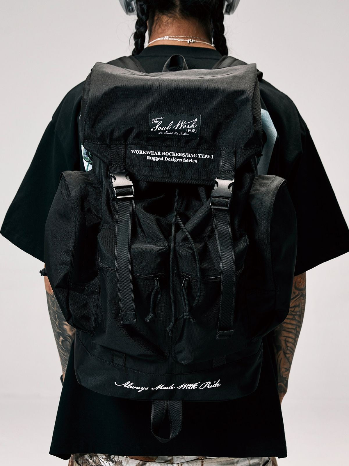 SWFI Far East Large Nylon Drawstring Backpack in Black - On Model