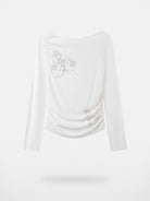 THELIGHT OFFICIAL Rhinestone Ruched Boat Neck Top in White