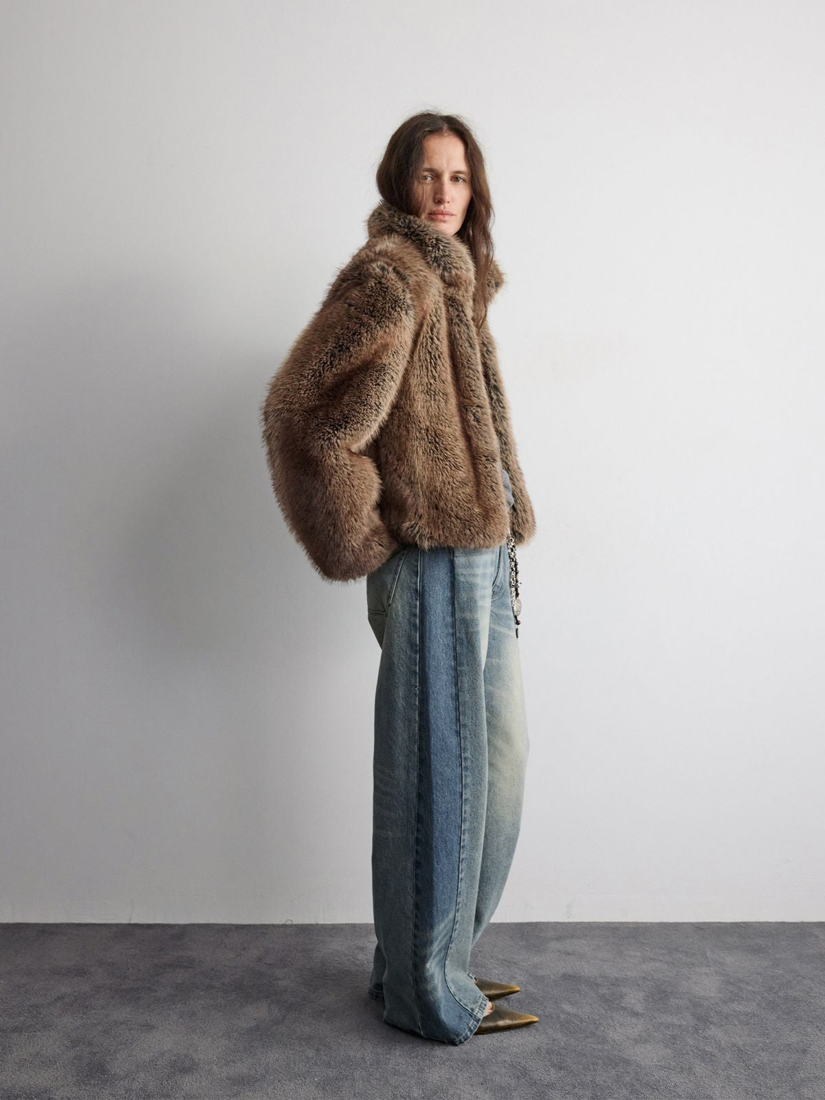 RandomPiece Contrast Panel Loose Jeans in Light Blue - On Model