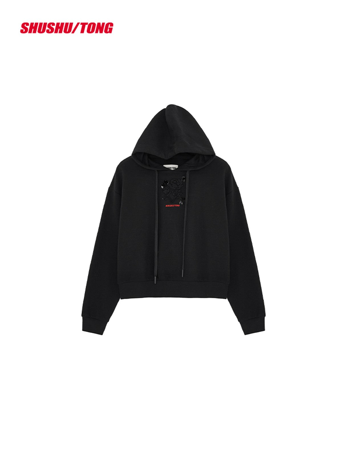 SHUSHUTONG 3D Rose Cropped Hoodie in Black