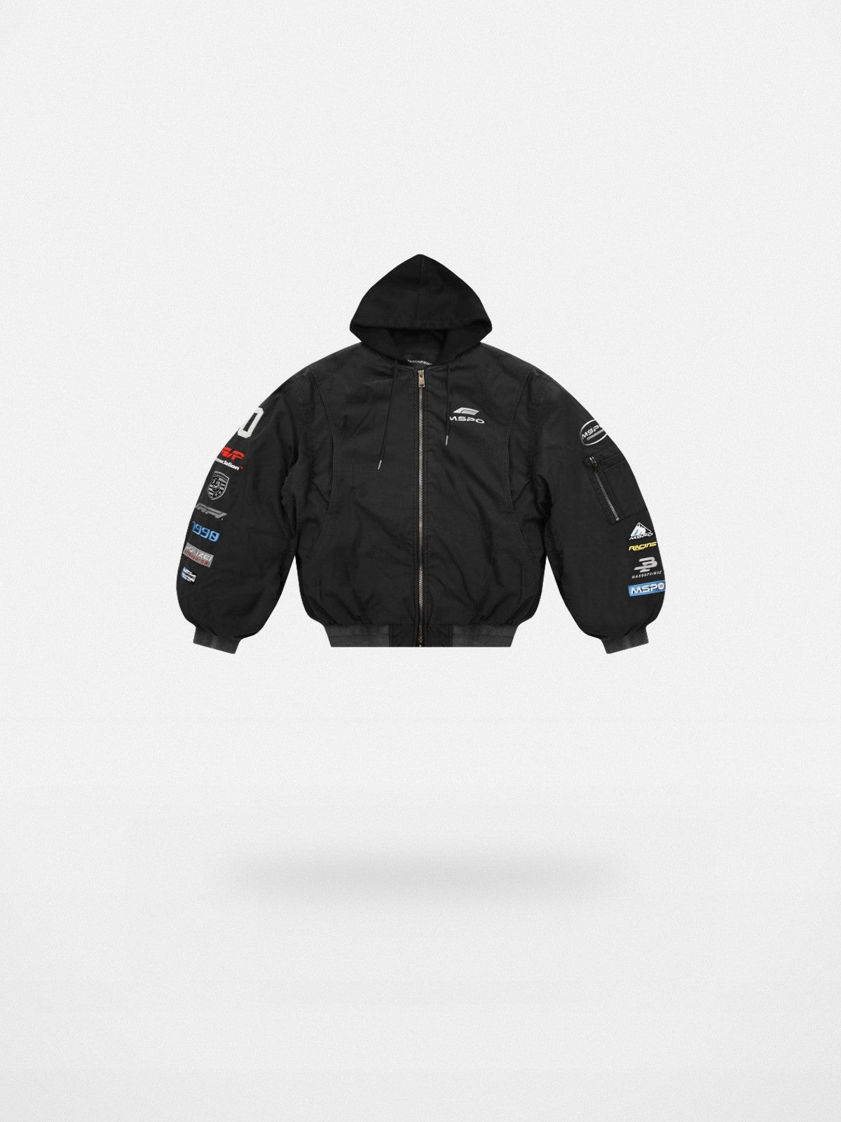 MASONPRINCE Hooded Racing Patch Puffer Jacket in Black