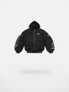 MASONPRINCE Hooded Racing Patch Puffer Jacket in Black