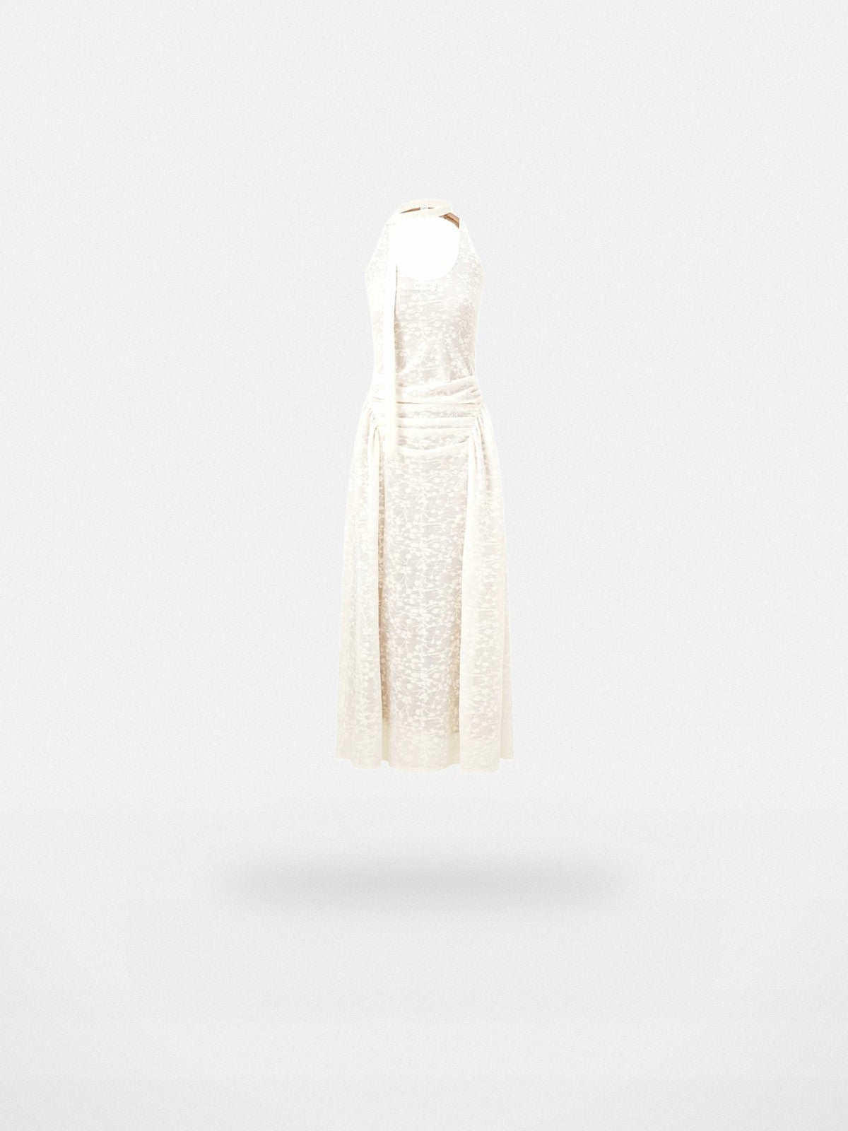 PUKI Sheer Jacquard Halter Maxi Dress in White