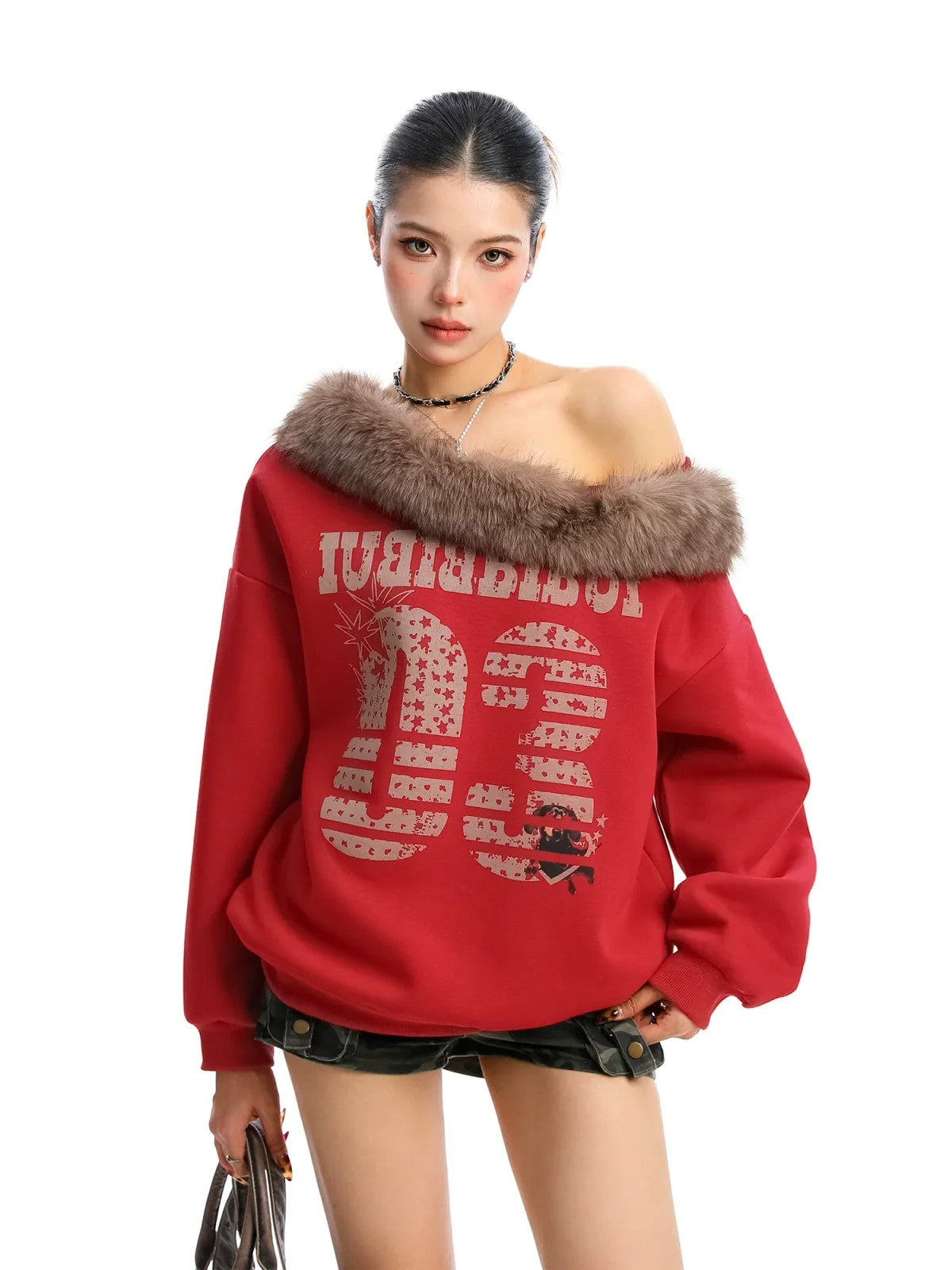 BIGGOLD STUDIO Off Shoulder Fur Collar Sweatshirt in Red - On Model
