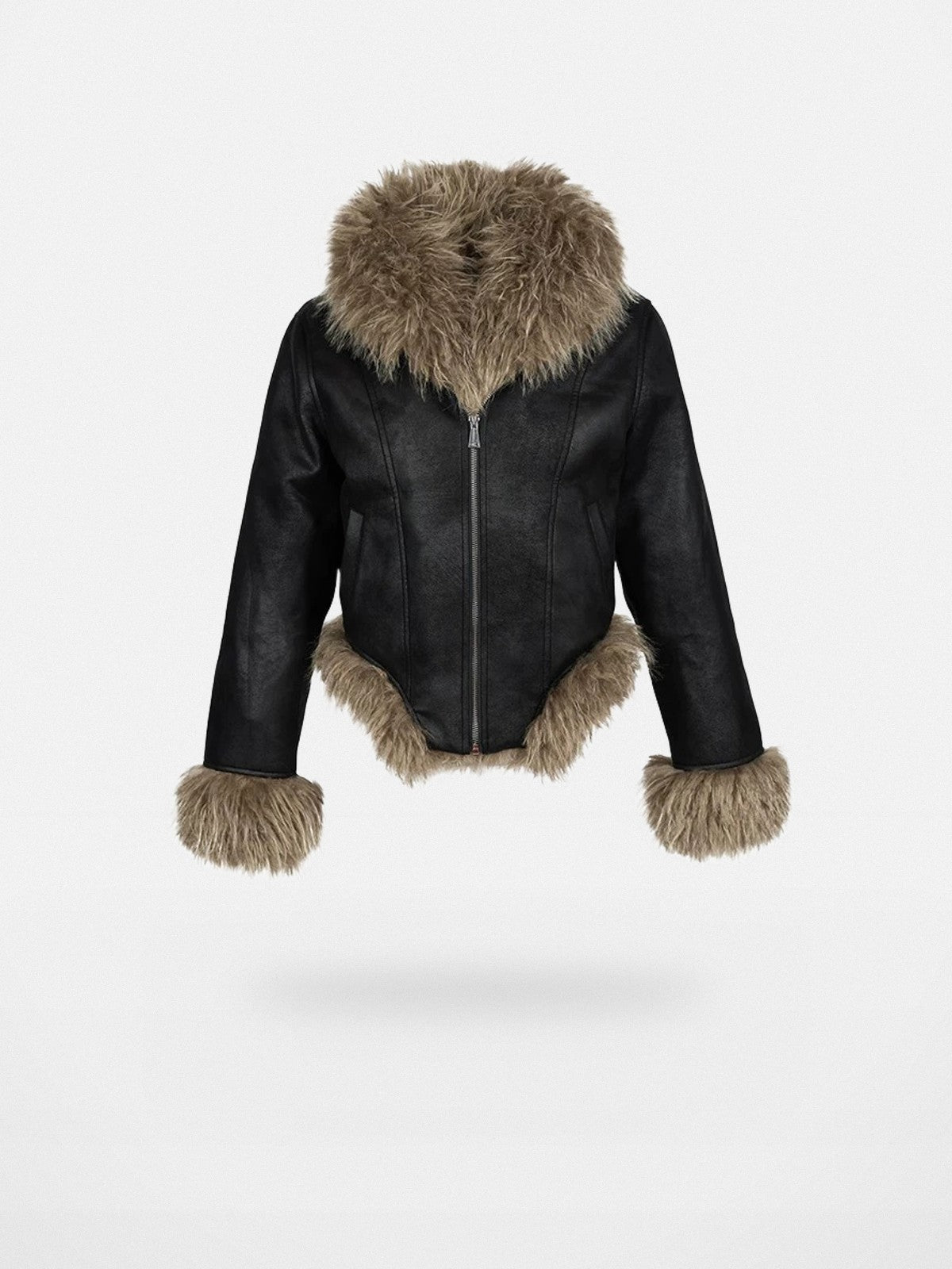 Amee Faux Fur Trimmed PU Jacket in Black