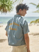 Retro 21 Chenille Embroidered Camp Collar Shirt in Blue - On Model