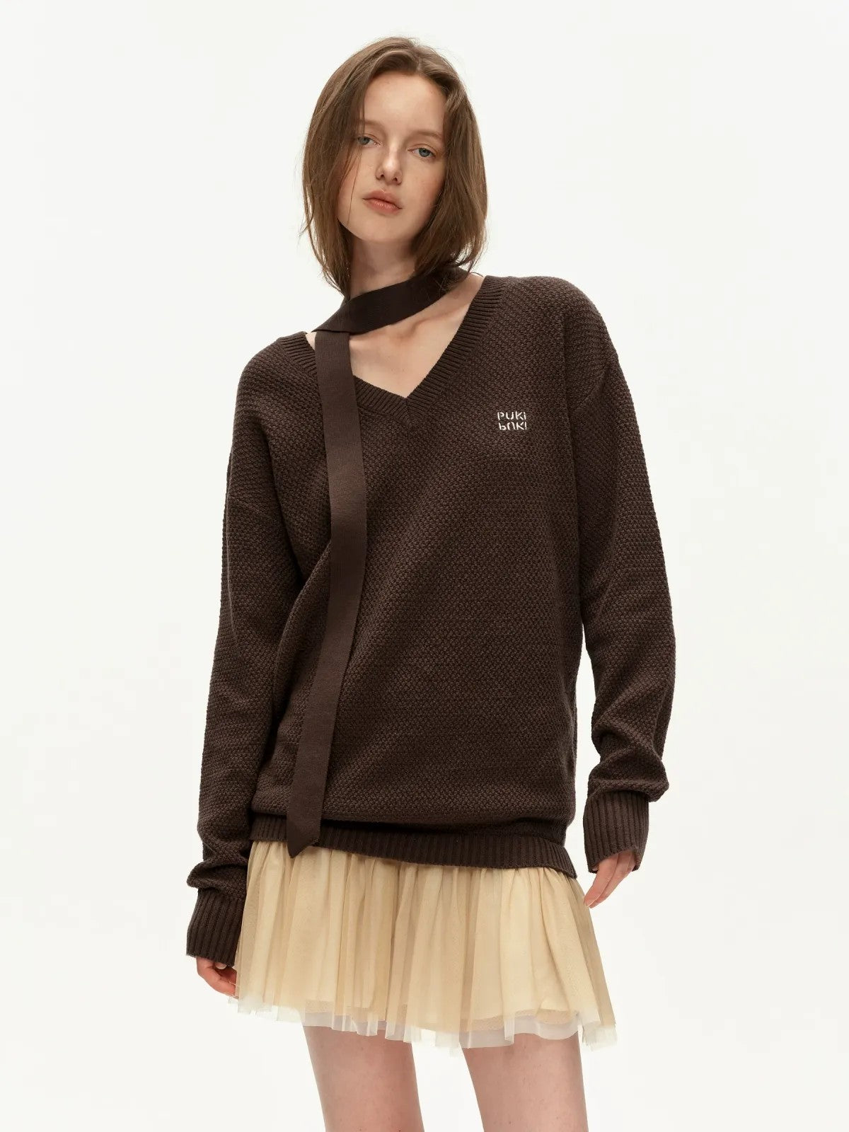 PUKI Faux Two Piece Knit Tulle Dress in Brown - On Model