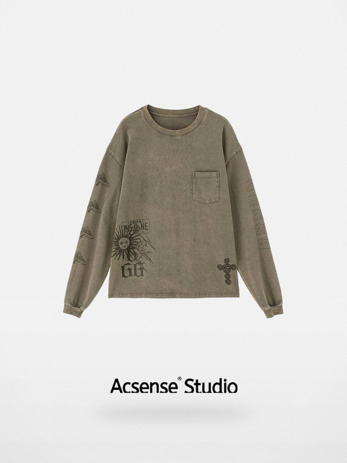 ACSENSE STUDIO Acid Wash Graphic Long Sleeve T Shirt in Olive