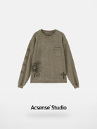 ACSENSE STUDIO Acid Wash Graphic Long Sleeve T Shirt in Olive