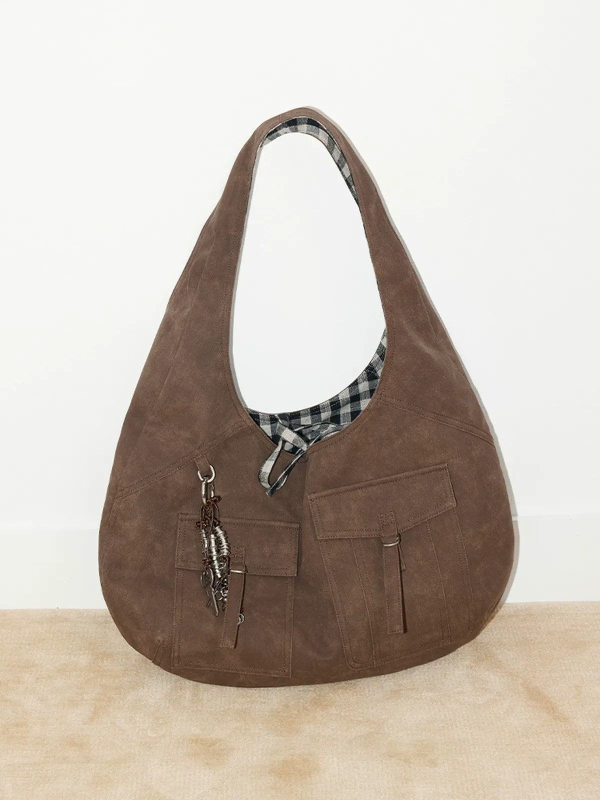 PUKI Reversible Faux Suede Plaid Hobo in Brown