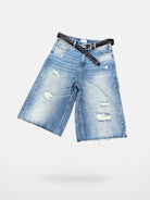 AFterTaste Heavy Distressed Long Denim Shorts in Denim