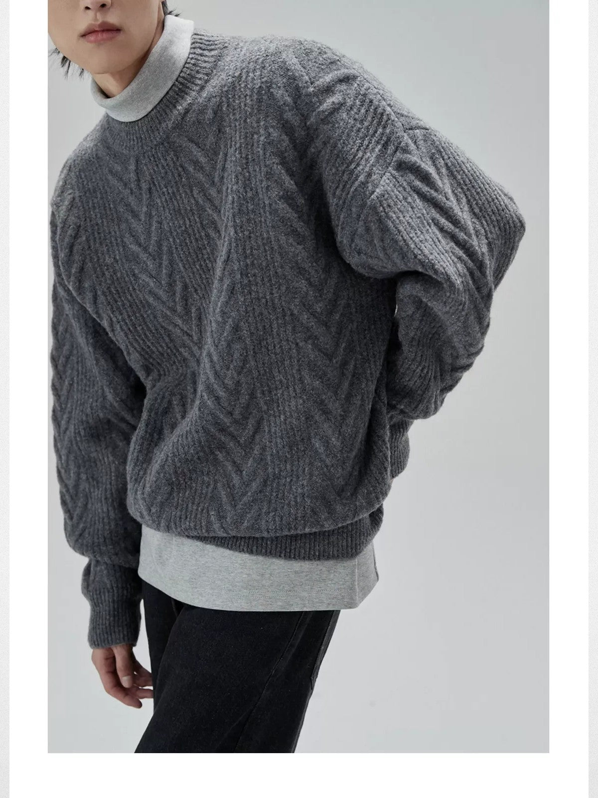 NANS Yak Wool Blend Cable Knit Sweater in Gray - On Model