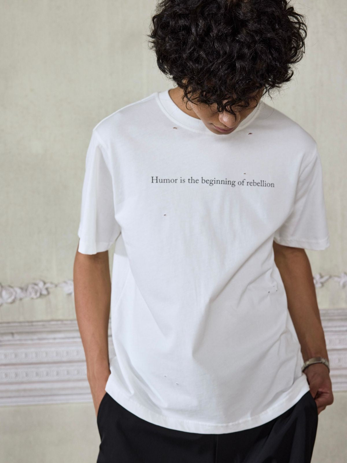 AFterTaste Distressed Slogan T Shirt in White - On Model