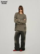 ACSENSE STUDIO Acid Wash Graphic Long Sleeve T Shirt in Olive - On Model