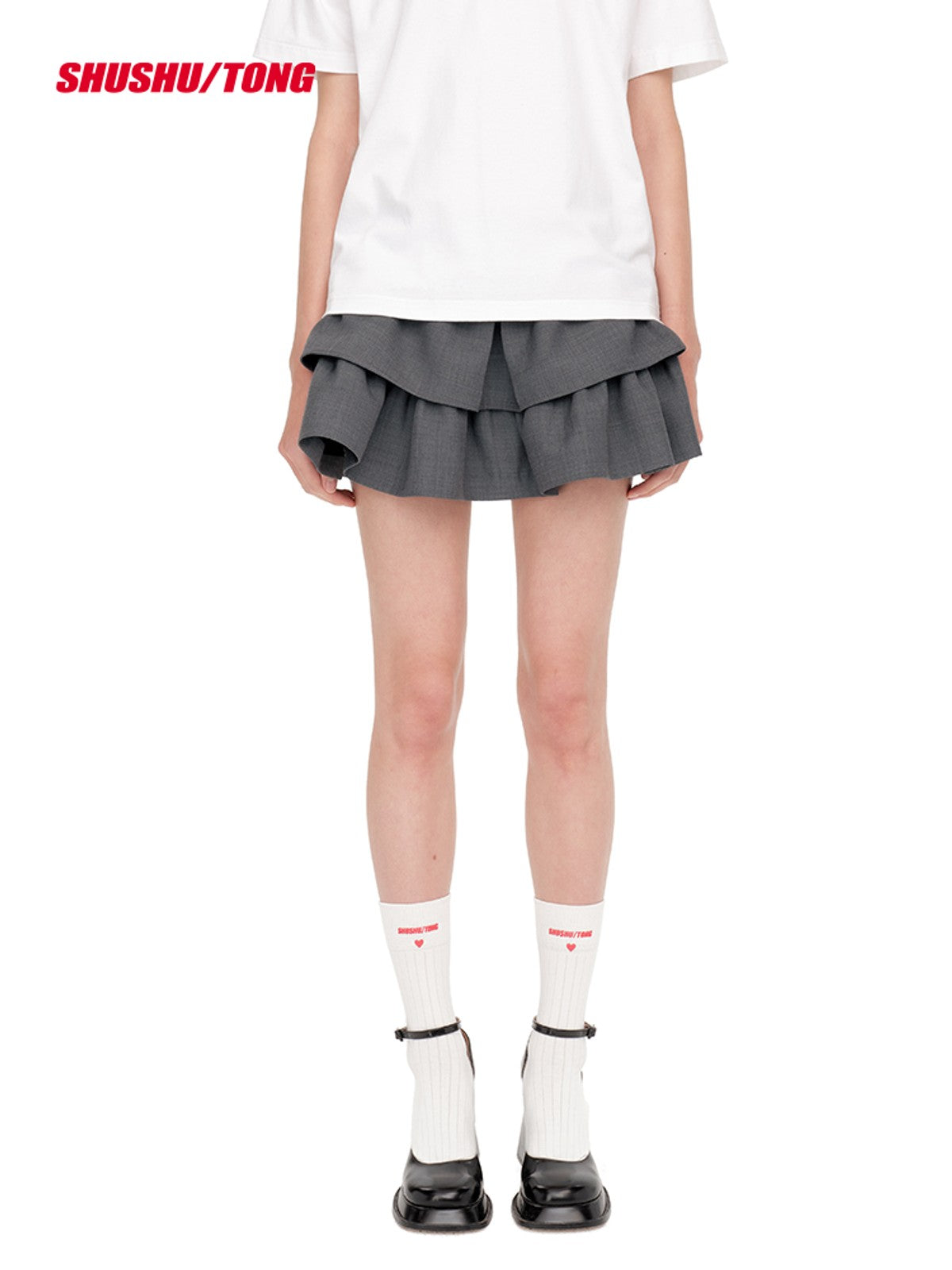 SHUSHUTONG Tiered Wavy Wool Mini Skirt in Gray - On Model