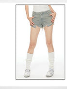 THELIGHT OFFICIAL Distressed Fringe Apron Skirt in Denim - On Model