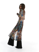 THELIGHT OFFICIAL Oil Print Mesh Maxi Cardigan in Brown - On Model