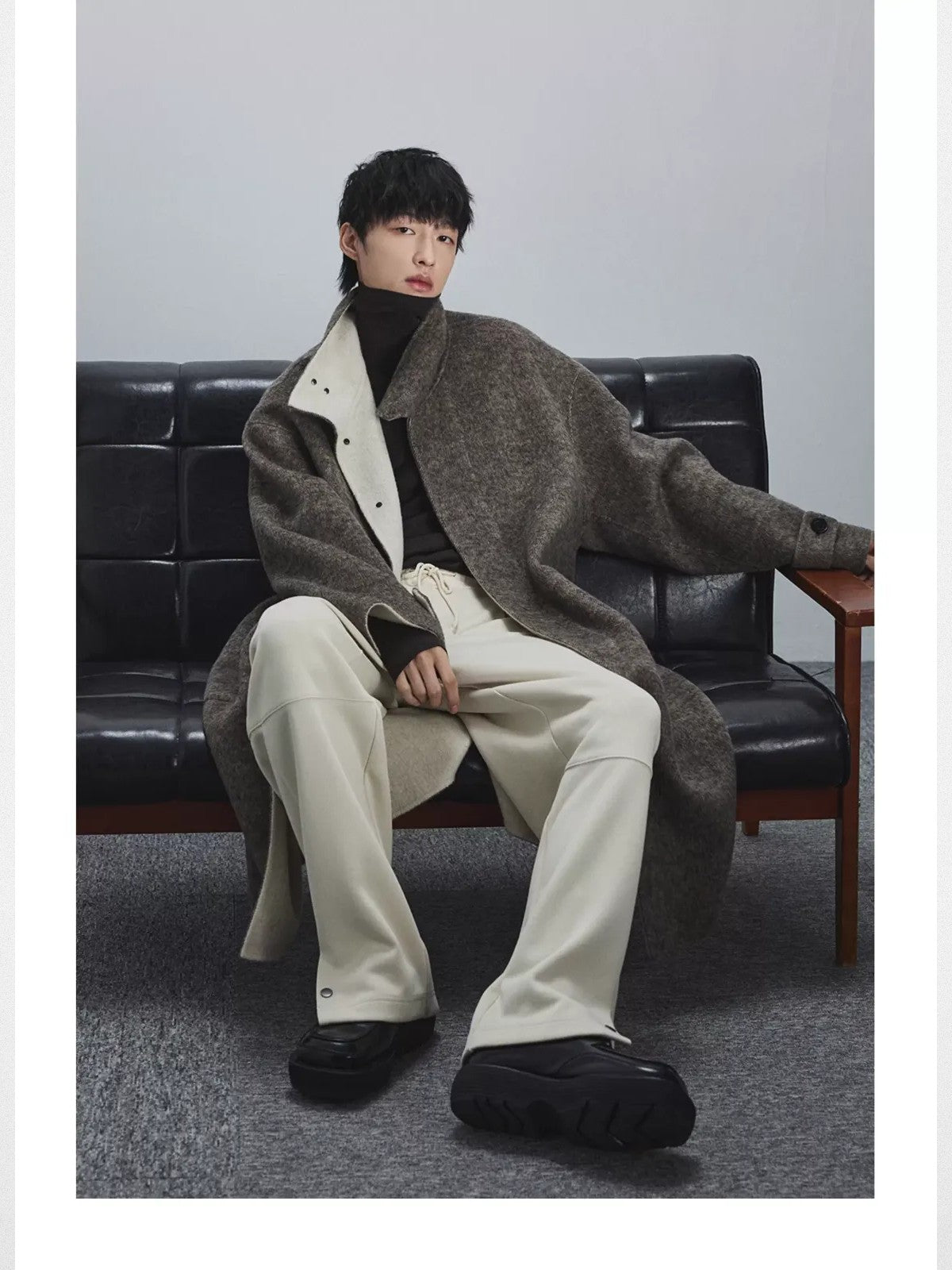 NANS Double Faced Wool Rabbit Hair Coat in Brown - On Model