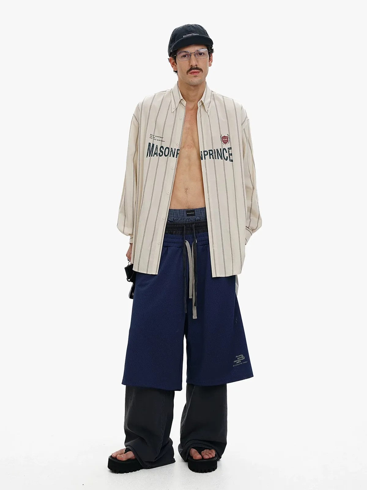 MASONPRINCE Striped Logo Button Down Shirt in White - On Model