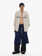 MASONPRINCE Striped Logo Button Down Shirt in White - On Model