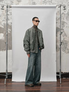 NANS Distressed Whiskered Straight Jeans in Denim - On Model