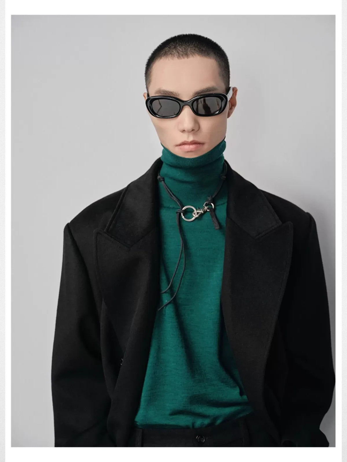 NANS Double Breasted Peak Lapel Wool Coat in Black - On Model