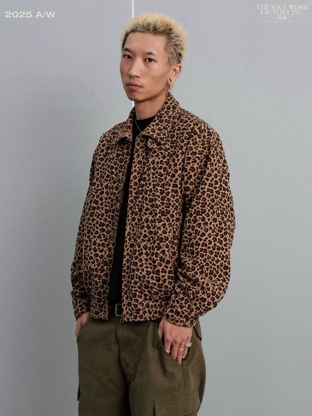 SWFI Far East Leopard Print Corduroy Harrington Jacket in Beige - On Model