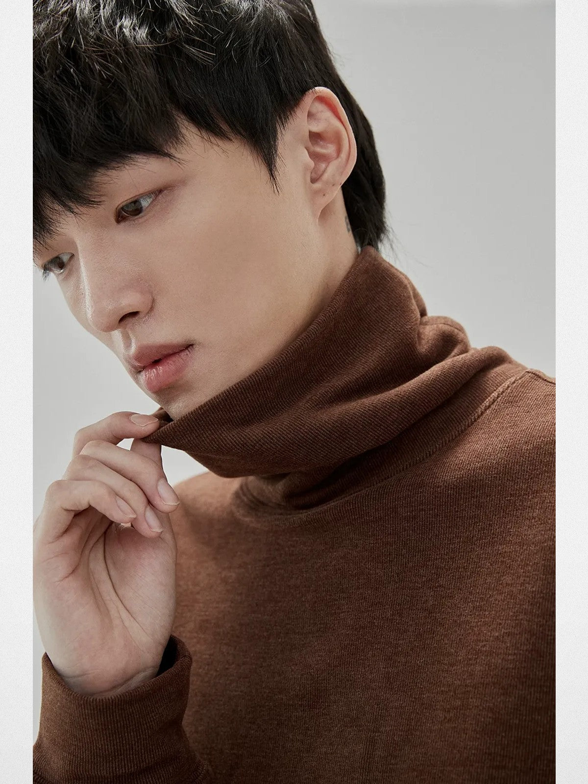 NANS Textured Slouchy Neck T Shirt in Brown - On Model