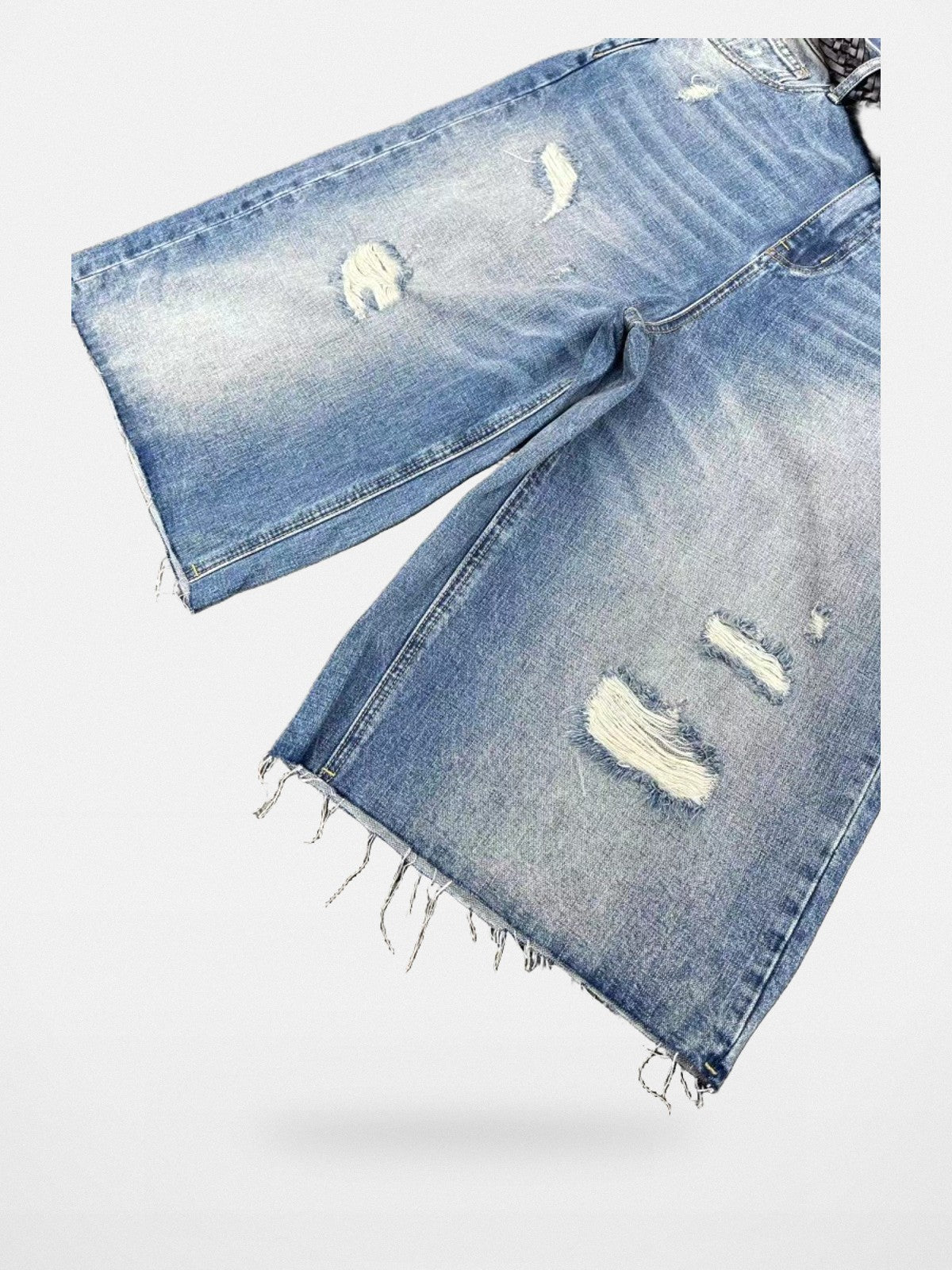 AFterTaste Heavy Distressed Long Denim Shorts in Denim