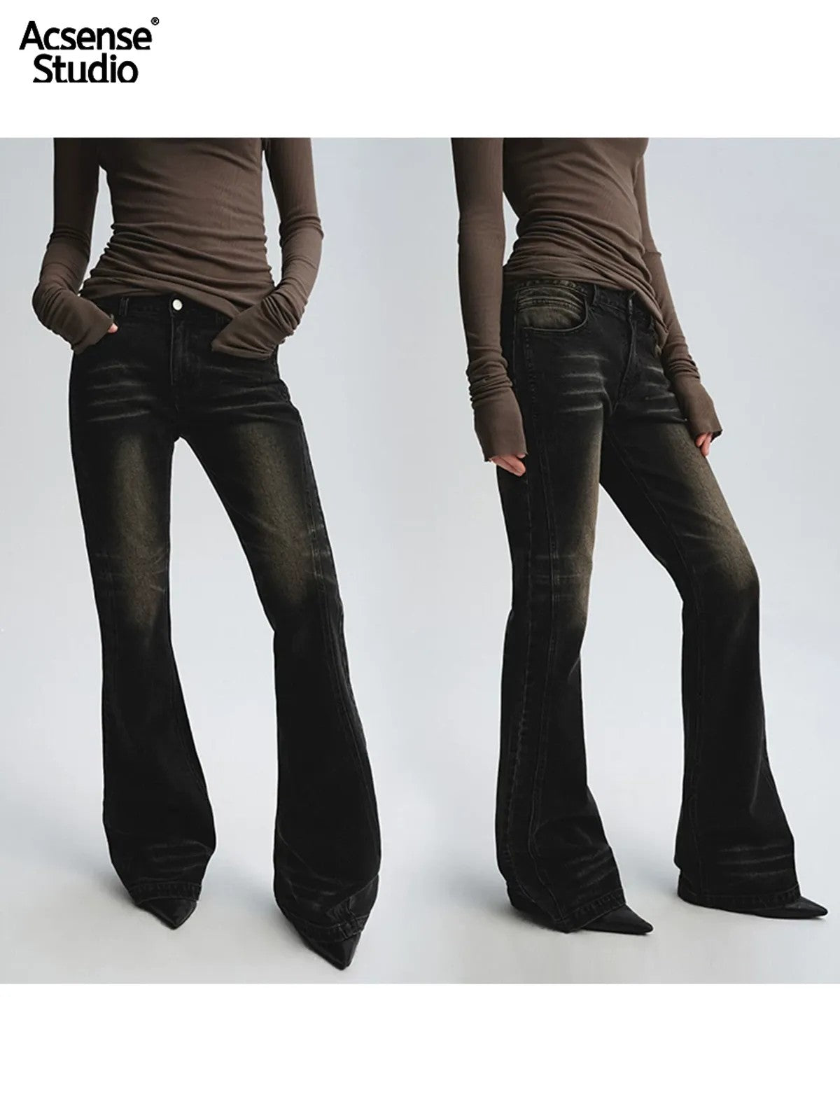 ACSENSE STUDIO Whiskered Micro Flare Jeans in Black - On Model