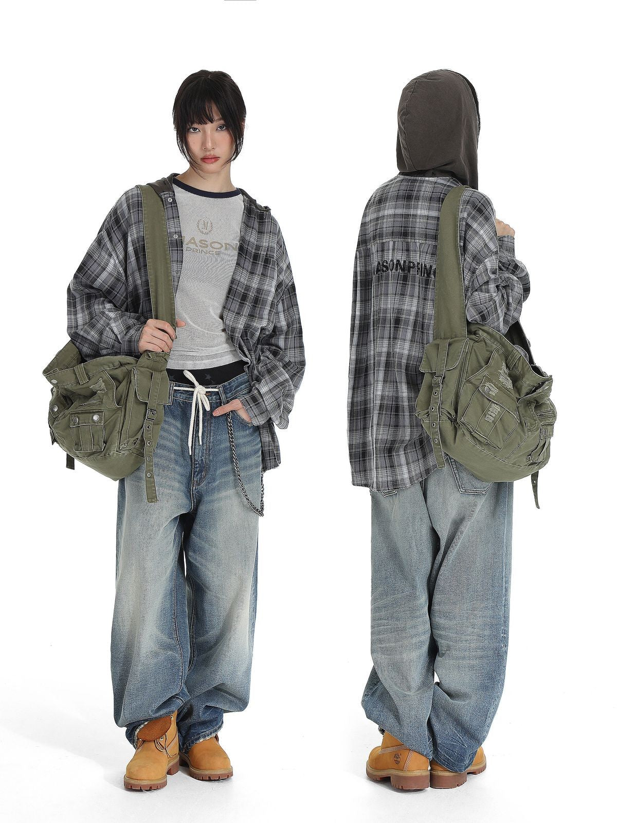 MASONPRINCE Faded Plaid Hooded Shirt in Black - On Model