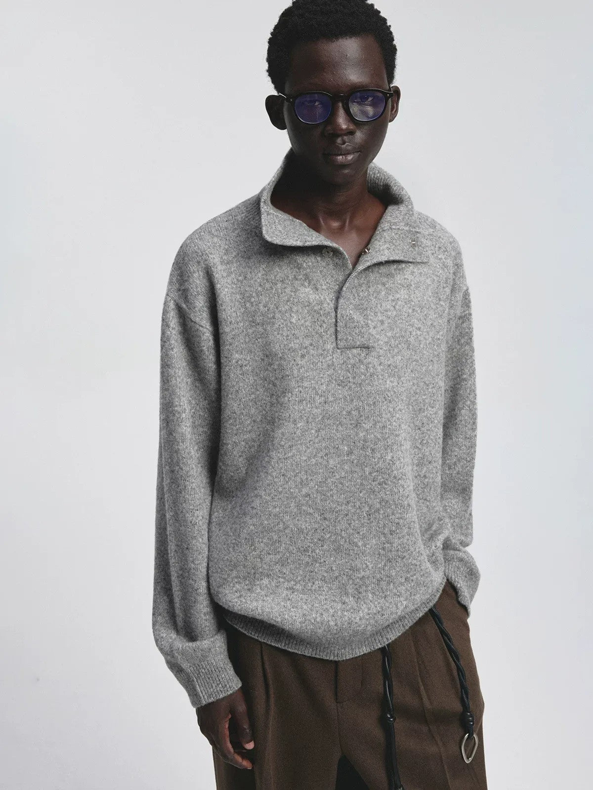 NANS Cashmere Blend High Collar Knit in Gray - On Model