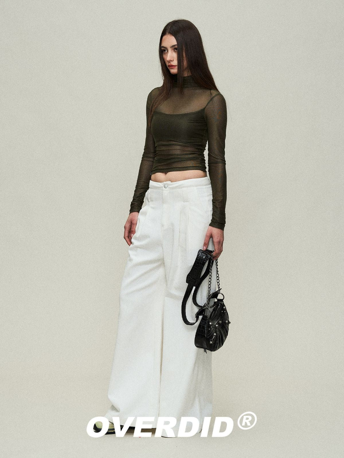 Amee Sheer Mesh Stacked Neck Top in Green - On Model