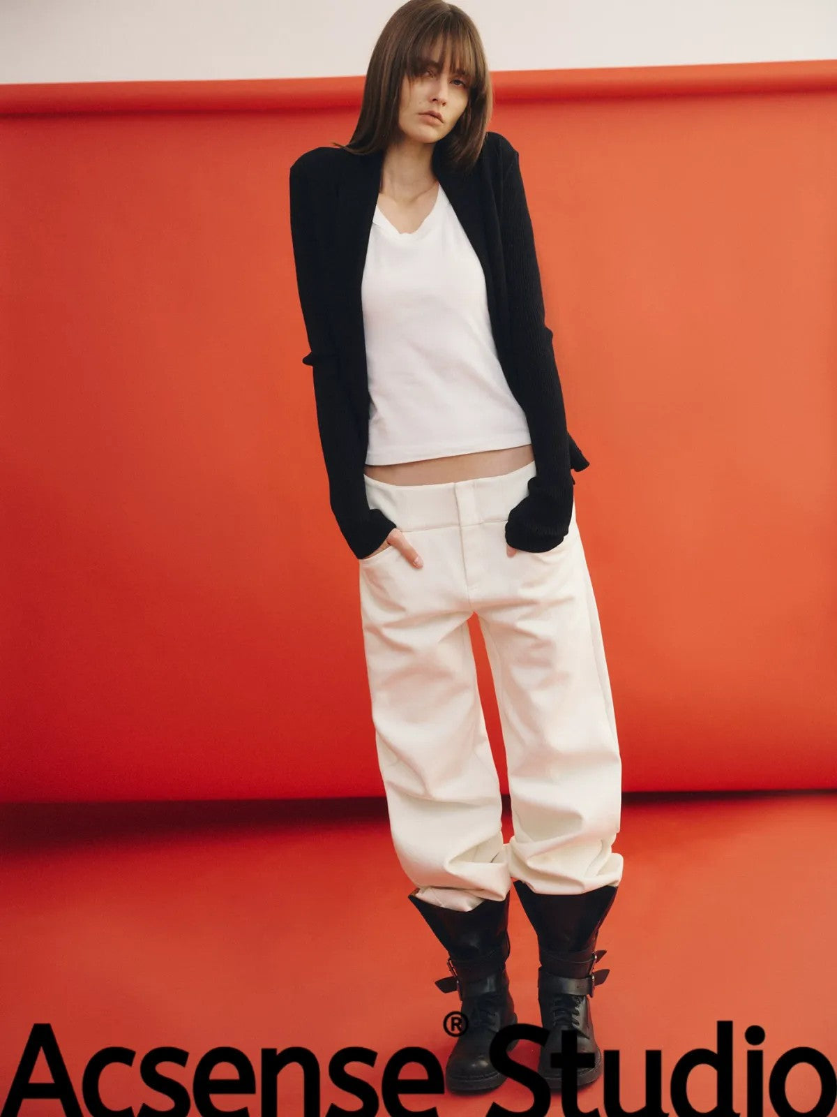 ACSENSE STUDIO Ribbed Open Front Cardigan in Black - On Model