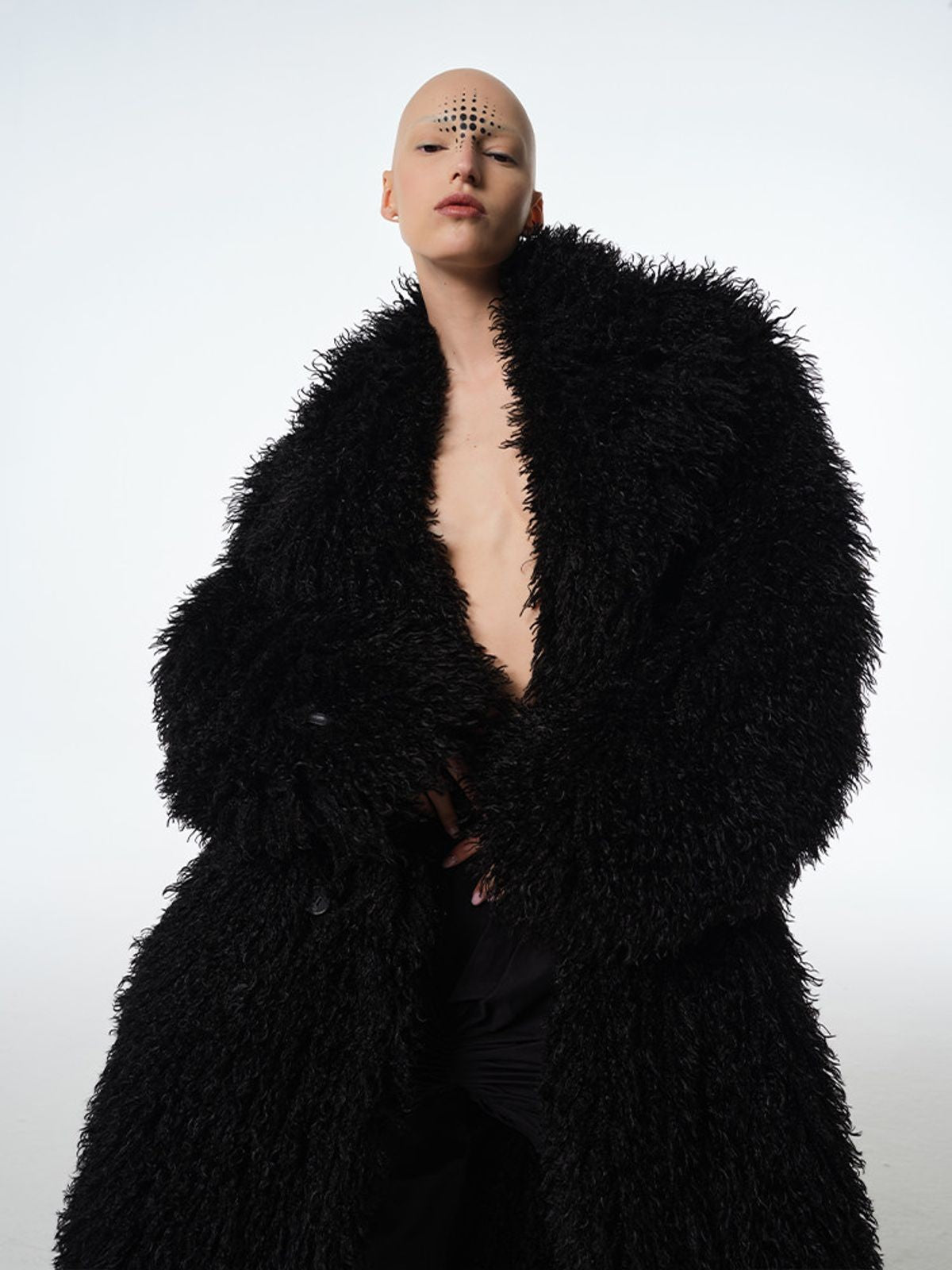 Triangle Project Oversized Long Pile Faux Fur Coat in Black - On Model