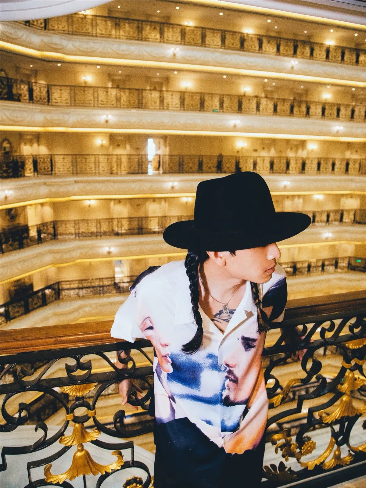 SWFI Far East Portrait Print Camp Collar Shirt in White - On Model