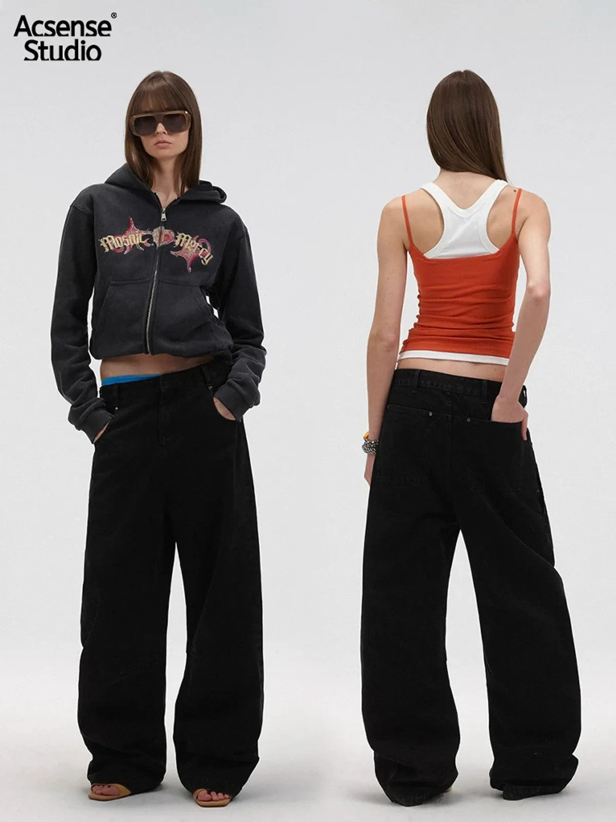 ACSENSE STUDIO Curved Pocket Straight Leg Jeans in Black - On Model