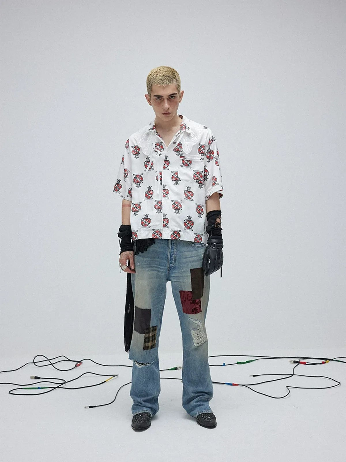 SOD Co. Patchwork Velvet Plaid Flare Jeans in Blue - On Model