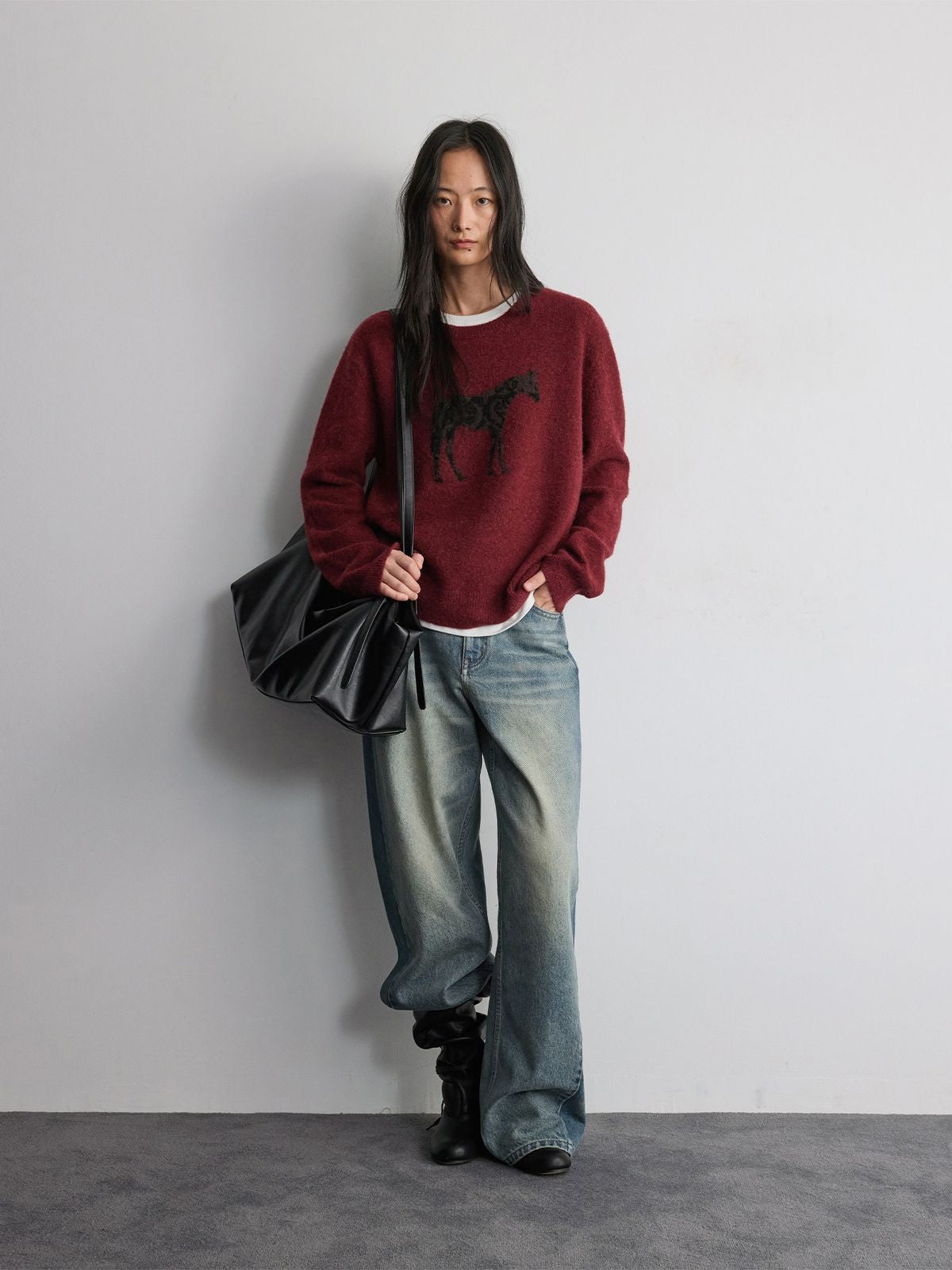 RandomPiece Contrast Panel Loose Jeans in Light Blue - On Model