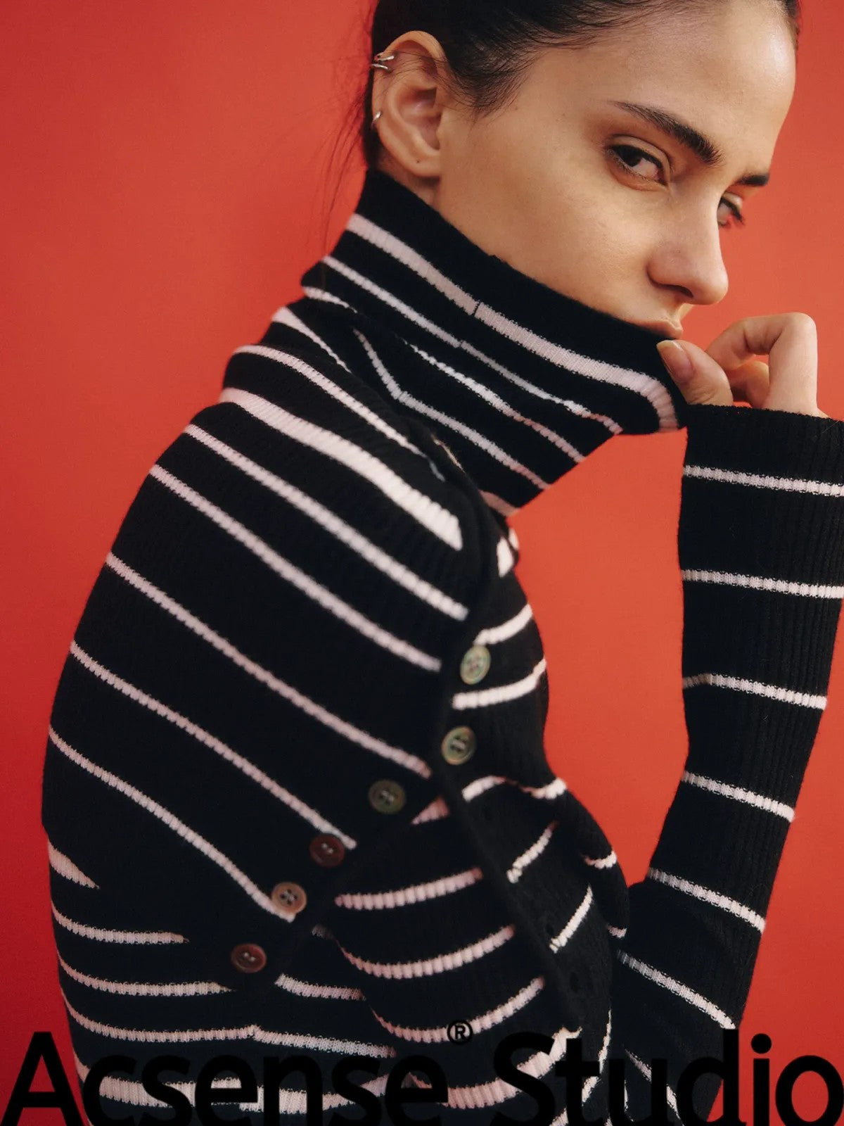 ACSENSE STUDIO Striped Wool Knit Bolero Top Set in Black - On Model